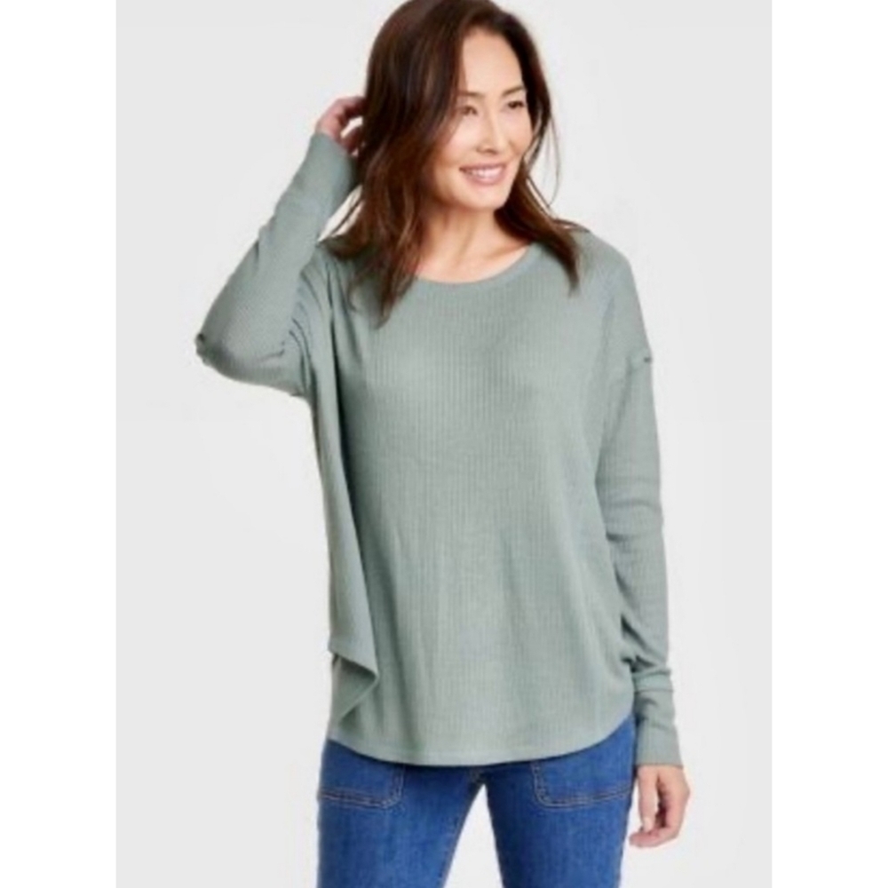 Knox Rose Long Sleeve U- Neck Ribbed Top Green Size S